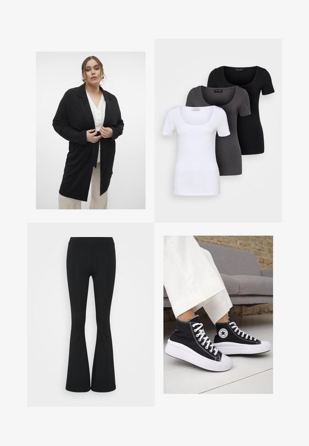 Musta pitkähihainen bleiseri, jossa on vyötärölle sidottu vyö, säädöksellinen muotoilu ja läpän kaulus. Päällä valkoinen nappipaita, yhdistettynä beigeihin housuihin.; Kolme istuvaa T-paitaa valkoisena, harmaana ja mustana. Jokaisessa on leveä avara pääntie ja lyhyet hihat. Valmistettu sileästä ja joustavasta kankaasta.; Mustat leveät housut, jotka on valmistettu joustavasta kankaasta, ja joissa on korkea vyötärö sekä sileä pinta. Housut levenevät polven kohdalla.; Mustat kangaskengät korkealla varrella, joissa on valkoiset kumipohjat ja nauhat. Sivussa on pyöreä logo ja kontrastiväriset valkoiset tikkausommellut.