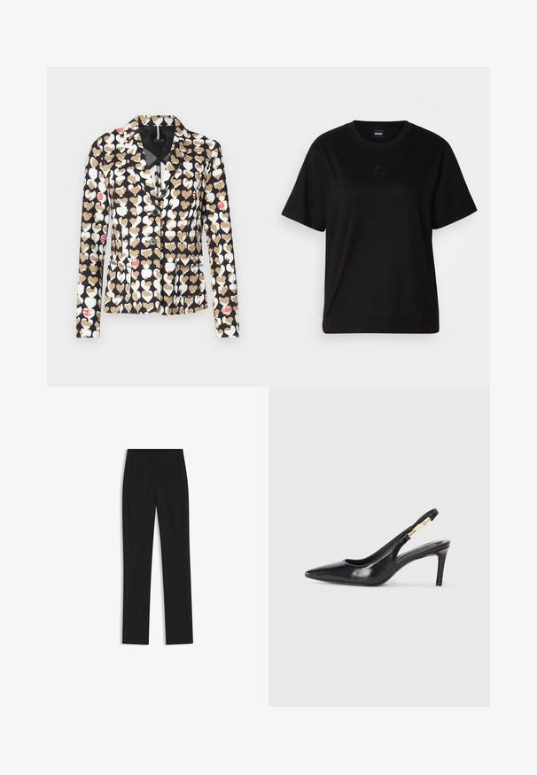 Blazer with a navy background featuring white, beige, and red heart patterns. It has a notched collar, single button, and front pockets.; Black cotton t-shirt with a crew neckline, short sleeves, and an embroidered logo on the chest. Simple, relaxed fit with no patterns.; Black tailored trousers with a straight-leg design, featuring front pockets and a smooth, textured fabric. Neat, minimal detailing.; Black leather slingback high-heeled shoe with a pointed toe, smooth texture, and a narrow ankle strap featuring gold hardware accents.