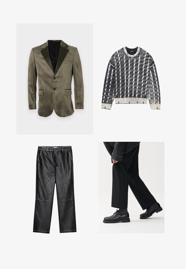 Blazer en velours vert olive avec un revers en satin noir, deux poches avant, fermeture à un bouton et texture lisse.; Pull en tricot bleu marine et crème avec un motif texturé, doté d'un col rond, de poignets et d'un ourlet côtelés. Éléments de design distinctifs en pointillé.; Pantalon en simili cuir noir, coupe évasée, avec des détails de couture et des poches avant, offrant une texture lisse et légèrement réfléchissante.; Chaussures en cuir noir à bout arrondi, à lacets, avec une semelle épaisse et texturée. Portées avec un pantalon noir ajusté et un pull à côtes.