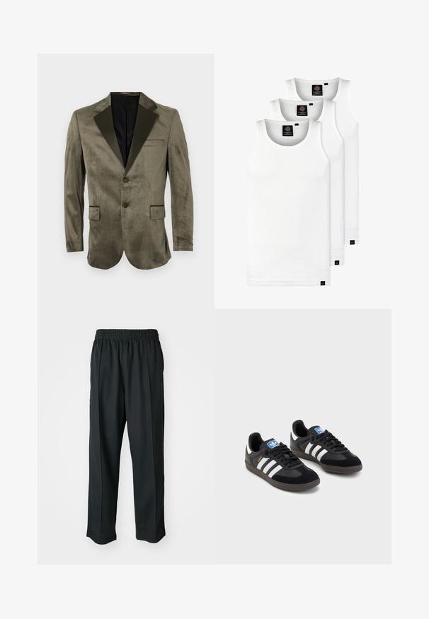 Blazer in velluto verde oliva con revers in satin nero, due tasche frontali, chiusura a un bottone e texture liscia.; Tre canotte bianche a coste in cotone. Presentano un colletto rotondo e piccole etichette nere vicino all'orlo. Disponibile in diverse taglie.; Pantaloni sportivi neri con vita elastica, realizzati in tessuto liscio, con cuciture laterali sottili e un fit rilassato, design a gamba dritta.; Sneakers neri con tomaia in suede e materiale sintetico, caratterizzati da tre strisce bianche, suola in gomma testurizzata e etichetta blu sul linguetta.