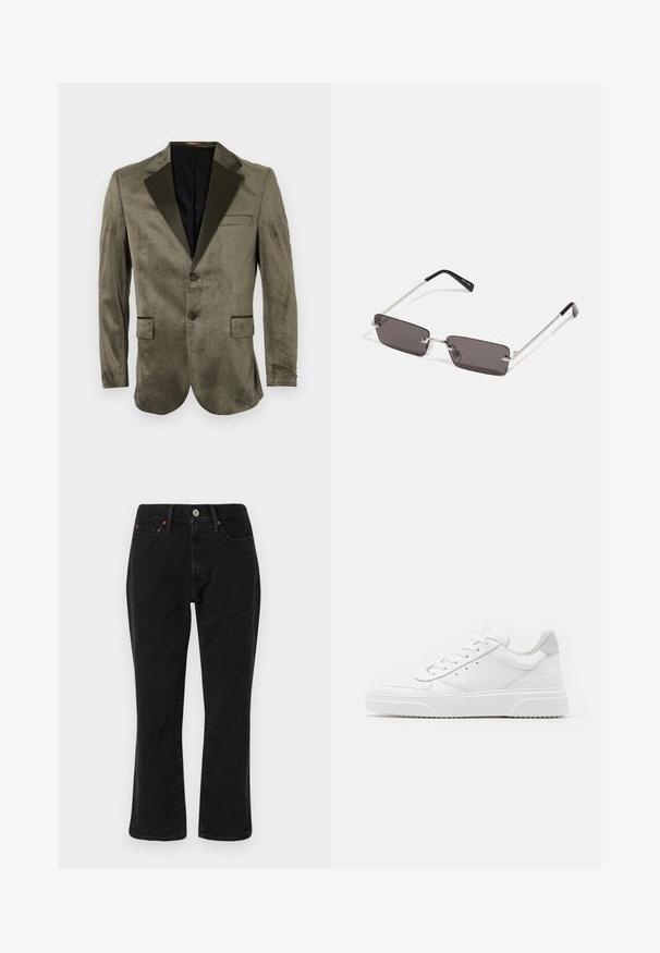 Olivengrøn fløjl blazer med sort satin revers, to forlommer, enkeltknaplukning og glat overflade.; Hvid bomulds t-shirt med korte ærmer, rund hals og rød grafisk tekst "DELICIOUS REFRESHING FRUIT" på forsiden.; Sorte denim jeans med lige ben, fem lomme-design og metalhardware med kobberdetaljer. Glat tekstur og mellem høj midt.; Hvide lædersneakers med en glat finish, rund tå, flade snørebånd og en struktureret sål. Grå ruskindsdetalje ved hælen.; Solbriller med rektangulære, mørke grå linser, sølv metalrammer og sorte plastiks spidser på stængerne. Letvægtsdesign med næsepuder.
