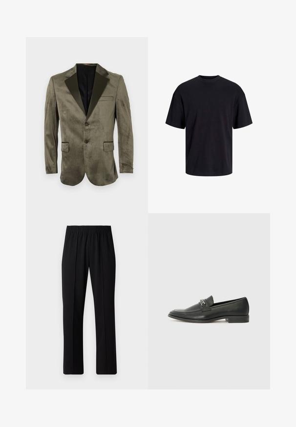 Olivgrünes Samtblazer mit schwarzem Satinrevers, zwei vorderen Taschen, Ein-Knopf-Verschluss und glatter Textur.; Schwarzes Baumwoll-T-Shirt mit Rundhalsausschnitt, kurzen Ärmeln und lässiger Passform. Glatte Oberflächenstruktur und keine sichtbaren Muster oder Akzente.; Schwarze, Gummibund-Hosen mit geradem Schnitt, die eine glatte Textur aufweisen und keine sichtbaren Muster oder Beschläge haben.; Schwarzer Lederloafer mit glatter Oberfläche, ausgestattet mit einer gesteppten Gestaltung und einem dekorativen Metallkettendetail über dem Vorderblatt. Flacher Absatz.