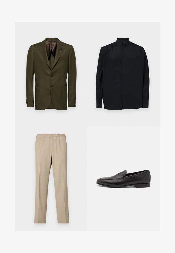 Ciemnooliwkowa marynarka z dwoma guzikami, z klapami w szpic, jedną kieszenią na piersiach i dwiema kieszeniami z przodu; gładki materiał z brązową podszewką.; Czarna, długa koszula z długim rękawem, wykonana z gładkiej tkaniny, z klasycznym kołnierzykiem, zapięciem na guziki oraz luźnym krojem i mankietami. ; Filippa K THEO szary; Czarne skórzane męskie loafersy z niskim obcasem i klasycznym paskiem penny, przedstawione w profilu bocznym na białym tle.