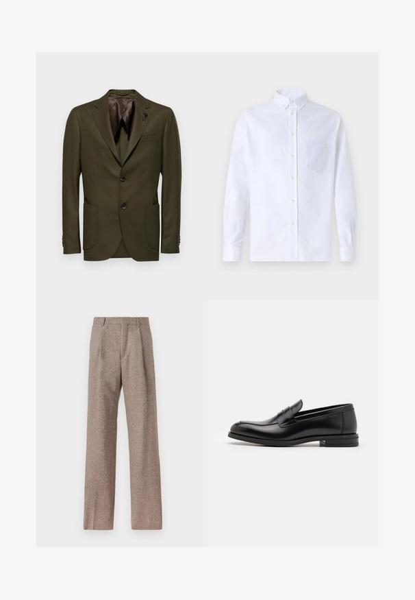 Dark olive green blazer with two buttons, peak lapels, one chest pocket, and two front pockets; smooth fabric with brown interior lining.; White long-sleeve button-up shirt made of cotton, featuring a chest pocket with tonal embroidery, a collar, and button cuffs.; Brown, high-waisted trousers made of textured fabric. Features wide legs and two front pleats for structure. Neat finish with no visible hardware.; Black leather loafers with a smooth texture, rounded toe, and a decorative strap across the vamp. Low stacked heel, minimalist design.