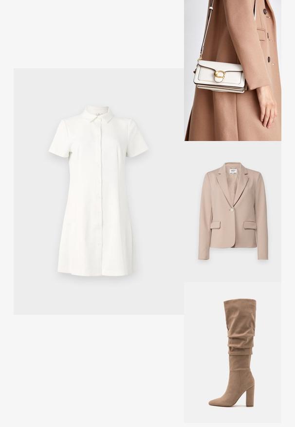 Bež ženski blazer od glatke tkanine. Ima zatvaranje na jedan dugme, rever s izrezom i dvije prednje džepove.; Kratke rukave, s gumbima zatvoren haljina od bijelog materijala. Ima ovratnik, lepršavi rub i dva bočna džepa. Glatka tekstura s klasičnim dizajnom.; Anna Field Čizme - beige; Bijela kožna torba na preklop s zlatnom kopčom, s izrađenim dizajnom, kontrastnim rubovima i tankim podešivim remenom.