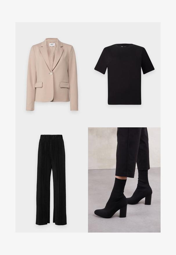 Beige women's blazer made of smooth fabric. Features a single button closure, notch lapels, and two front pockets.; Black short-sleeve t-shirt with a round neckline, crafted from soft cotton fabric. Simple design, no visible logos or patterns.; Black pleated trousers with an elastic waistband. Features wide legs and a smooth, textured fabric with vertical stripes.; Black heeled ankle boots with a ribbed sock-like upper, smooth surface, rounded toe, and a block heel for stability.