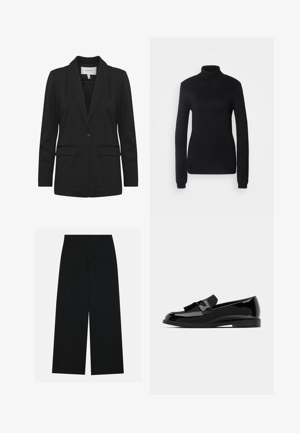 Czarny żakiet z gładkiego materiału, z klapami, zapinany na pojedynczy guzik, z dwoma przednimi kieszeniami i długimi rękawami.; Czarny sweter typu golf wyk wykonany z miękkiego dzianinowego materiału, z długimi rękawami i dopasowanym krojem, z prążkowanym kołnierzem i dołem.; Szerokie czarne spodnie wykonane z gładkiego materiału. Posiadają płaski pas z szlufkami na pasek oraz brak widocznych kieszeni. Prosty design.; Czarne lakierowane mokasyny na płaskim obcasie, z akcentem w postaci frędzelka i gładką powierzchnią, zaprojektowane z okrągłym noskiem i subtelnym przeszyciem.