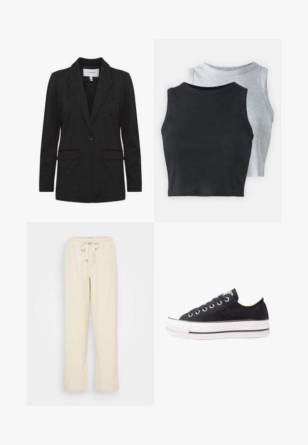 Zwarte blazer van gladde stof, met een gelapte revers, een enkele knopsluiting, twee voorzakken en lange mouwen.; Even&Odd Petite 2 PACK - Top - light grey/black; Even&Odd Petite Broek - beige; Zwarte canvas sneaker met witte rubberen zool, ronde neus, laag topontwerp, metalen oogjes en een gestructureerde neuskap. Dunne zwarte streep langs de zool.