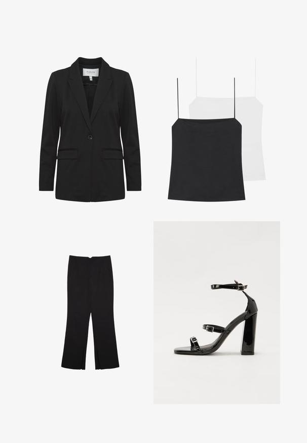 Čierny blazer vyrobený z hladkej tkaniny, s výstrihom do V, jedným gombíkom na zapínanie, dvoma prednými vreckami a dlhými rukávmi.; Na obrázku sú zobrazené dve topy na ramienka: jeden čierny a jeden biely. Obe majú tenké ramienka a priliehavý dizajn vyrobený z hladkej, elastickej tkaniny.; Čierne nohavice so strihom rovného strihu, s prednými vreckami a bočnými rozparkami na leme. Vyrobené z mäkkej, hladkej tkaniny. Vhodné na rôzne príležitosti.; Čierne lakované sandále na podpätku so štvorcovou špičkou, navlečenými remienkami okolo členku a striebornými prackami. Disponujú masívnym blokovým podpätkom pre stabilitu.