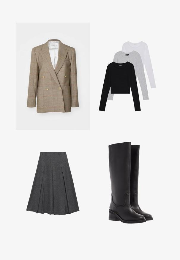 GANT CHECKED CLUB - Blazer - cumin beige; Three long-sleeve tops stacked: black, grey, and white. Each has a round neckline and a cropped design with smooth, lightweight fabric.; Grey pleated skirt with a flared shape, made of soft fabric. Features vertical pleats and a smooth waistband for a fitted look.; Black leather knee-high boots with a smooth texture, rounded toe, and a chunky heel. Features subtle stitching and a streamlined design.