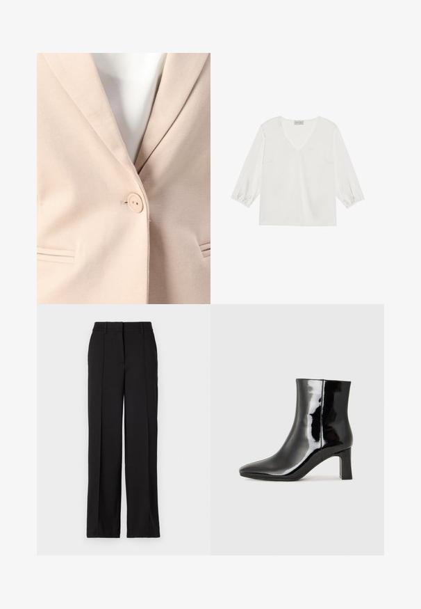 Beżowy żakiet z pojedynczym zapięciem na guzik, wykrojonymi klapami i dwiema przednimi kieszeniami z subtelnymi detalami w szwie. Gładka tekstura.; Biała bluzka z długim rękawem, z głębokim dekoltem w kształcie V, wykonana z miękkiego, satynopodobnego materiału oraz z marszczonymi mankietami, zapewniająca luźny krój.; Czarne spodnie o prostym kroju z dwiema zaszewkami z przodu, z pasem w talii i bez widocznych kieszeni czy ozdób.; Czarne lakierowane botki za kostkę z wysmukłym noskiem i średniej wysokości obcasem w kształcie słupka. Gładka tekstura i minimalistyczny design.
