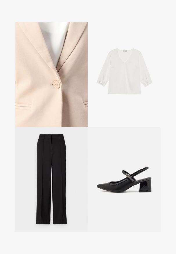 Beige bleiser, mille, mis on ühe nupuga kinnitatud, lõikega krae ja kahe esipocketiga, kus on peened nööpnõelad. Sile tekstuur.; Valge, pikkade varrukatega pluus, millel on sügav V-kaelus, pehme satiinilaadne materjal ja gathered varrukate mansetid, et saavutada mugav lõige.; Mustad püksid sirge sääre tootega, millel on kaks eesmist voldikut, vöökoht ja nähtamatud taskud või kaunistused.; Mustad läikivad nahast slingback-kõrged kontsad, millel on terav nina, ümar lõikekujundus ja blokknina. Omab kuldset nupu aktsenti.