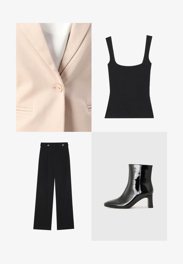 Bežs žakets ar vienu pogu, ar nolaistiem klājam un divām priekšējām kabatām ar smalkām izšuvuma detaļām. Gluda tekstūra.; Melna ribota topa krekls ar kvadrātveida izgriezumu un šaurām, regulējamām siksnām. Audumam ir strukturēts raksts un pieguļoša forma.; Melnas platās bikses ar augstu jostasvietu, pogu detaļām uz jostas un priekšējām krokām.; Melnas patentētas ādas potīšu zābaki ar norādītu pirkstu un vidēja augstuma kvadrātveida papēdi. Gluda tekstūra un minimālisma dizains.