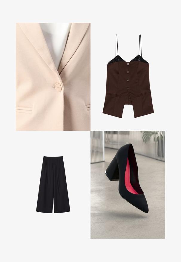 Blazer beige avec une fermeture à un bouton, des revers à cran et deux poches avant avec des détails de couture subtils. Texture lisse.; Haut ajusté marron avec dentelle, bretelles spaghetti et cinq boutons à l'avant ; présente un ourlet fendu et un design taillé.; Pantalons larges noirs avec des plis, fabriqués dans un tissu doux. Présentent une taille haute et une coupe épurée et ajustée.; Chaussure à talon noir avec un bout pointu, surface texturée et un intérieur rose vif. Dotée d'un talon épais avec un accent en argent.