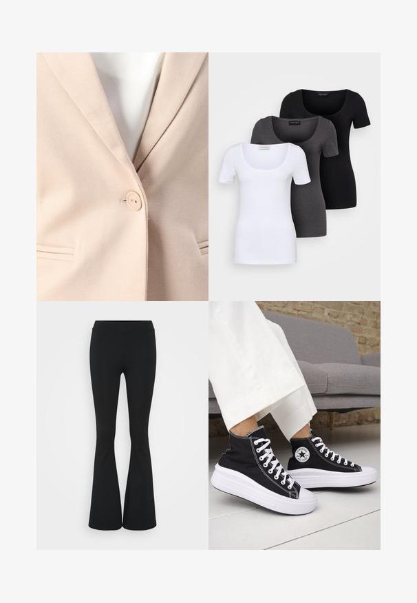 Beige blazer met een enkele knoopsluiting, notch revers en twee voorzakken met subtiele stikseldetails. Gladde textuur.; Drie getailleerde T-shirts in het wit, grijs en zwart. Elk met een brede ronde hals en korte mouwen. Gemaakt van gladde, rekbare stof.; Zwarte uitlopende broek van rekbaar materiaal, met een hoge tailleband en een gladde textuur. De broek loopt uit vanaf de knie.; Zwarte hoge sneakers met witte rubberen zolen en veters. Voorzien van een ronde logo patch en contrasterende witte stiksels. Gemaakt van canvas.