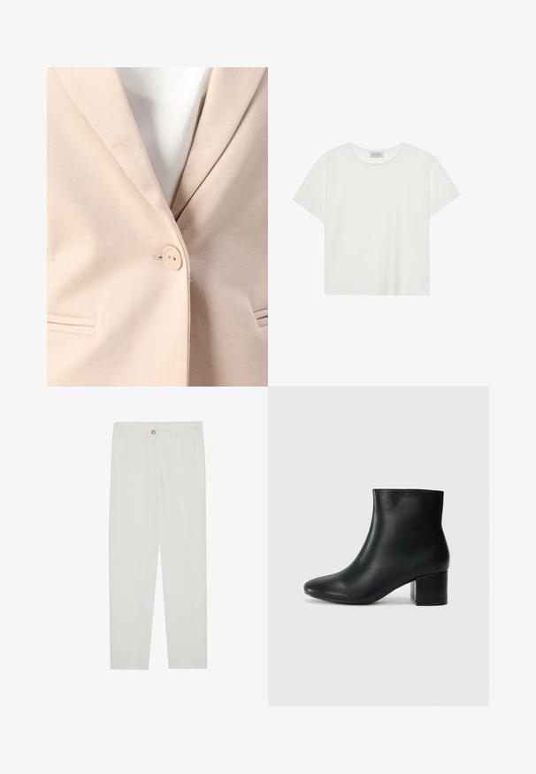 Béžový blejzr s jedním knoflíkem, chlopněmi a dvěma předními kapsami s jemnými švy. Hladká textura.; Bílé tričko s krátkým rukávem vyrobené z měkké bavlny. Má kulatý výstřih a volný střih. Čistý design bez viditelných vzorů nebo akcentů.; Bílé kalhoty na míru s rovnými nohavicemi, se zapínáním na knoflík, poutky na opasek a bočními kapsami; hladká struktura látky.; Černé kožené kotníkové boty s špičatou špičkou a robustním podpatkem. Hladký povrch s minimálními akcenty a elegantním, přiléhavým designem.