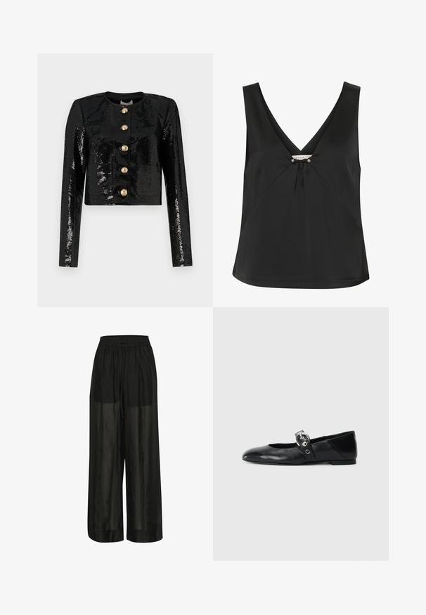 Fekete, strassz anyagból készült cropped dzseki, hosszú ujjakkal, kerek nyakkivágással és öt arany gombbal az elején.; Fekete ujjatlan felső V-nyakkal, díszes csomóval és ezüst színű részletekkel a középen, sima, elegáns anyagból készült.; Fekete, bő szárú nadrág áttetsző anyagból, elasztikus derékrésszel és állítható zsinórral a kényelmes illeszkedés érdekében, sima felülettel.; Fekete bőr balettcipők, hegyes orral, kör alakú fémbújtatóval ellátott pánttal és lapos talppal.