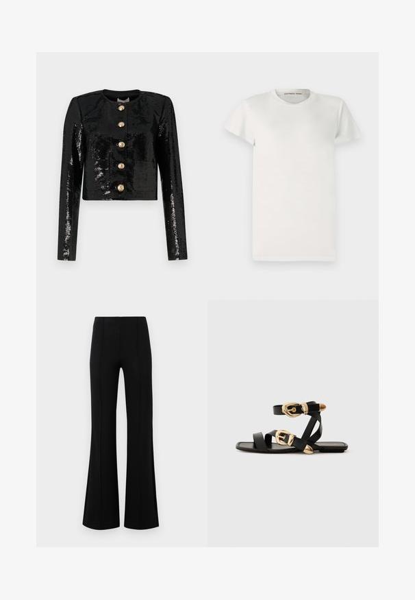 Crna skraćena jakna napravljena od tkanine sa šljokicama, sa dugim rukavima, okruglim izrezom i pet zlatnih dugmadi duž prednje strane.; Bijela majica kratkih rukava od pamuka s okruglim izrezom i jednostavnim krojem. Oznake unutar ovratnika prikazuju "DESIGNERS REMIX".; Crne siraste hlače visokog struka, izrađene od rastezljivog materijala. Imaju vertikalne šavove sprijeda i glatku teksturu.; Crne kožne sandale s zlatnim kopčama, s više trakica i ravnim đonom za nošenje s otvorenim prstima.