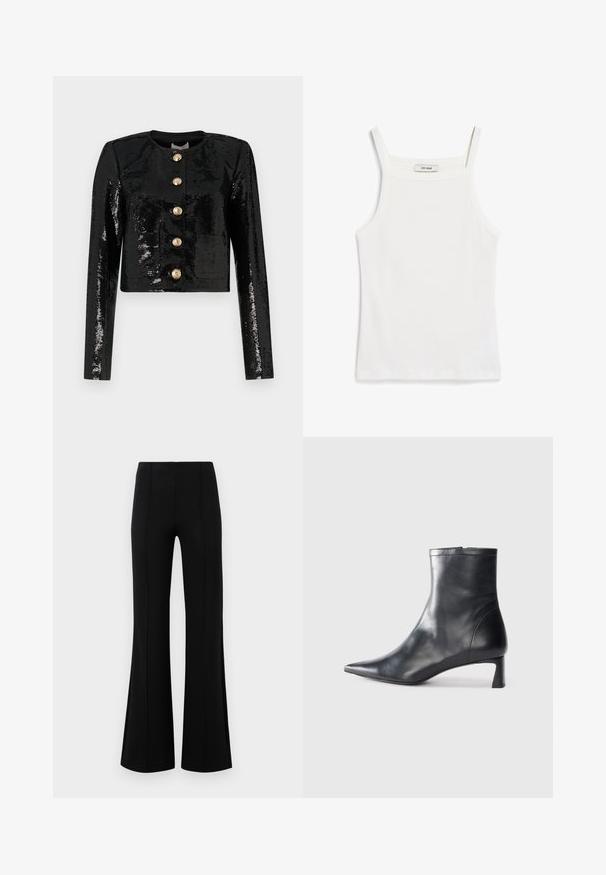 Sort cropped jakke lavet af pailletstof, med lange ærmer, rund halsudskæring og fem guldknapper foran.; Hvid tank top med tynde stropper, lavet af ribbet bomuldsstof, med en lige halsudskæring og en ren afslutning i kanten.; Sorte højtaljede flared bukser lavet af strækbart stof. Har vertikale sømdetaljer foran og en glat tekstur.; Sort læder ankelstøvle med spids tå og et strømlinet design. Har en lav hæl og en lynlås lukning bagpå. Glat tekstur.