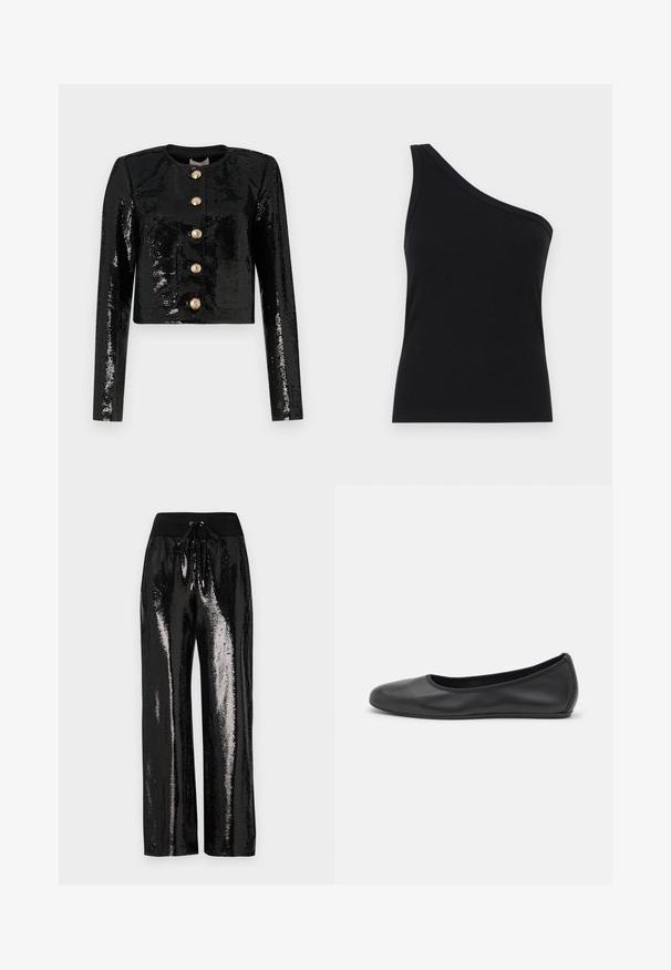 Zwarte cropped jack gemaakt van sequinfabric, met lange mouwen, een ronde halslijn en vijf gouden knopen aan de voorkant.; Zwarte ribbel tanktop met één schouder, met een aansluitend ontwerp en een zachte textuur. Kenmerkt zich door een strakke, minimalistische snit en een soepele halslijn.; Zwarte paillettenbroek met een wijde pijp en een elastische tailleband met een trekkoord. De stof heeft een reflecterende, glanzende textuur.; Zwarte leren ballerina met een ronde neus, gladde textuur, minimale stikdetails en een flexibele zoolontwerp.