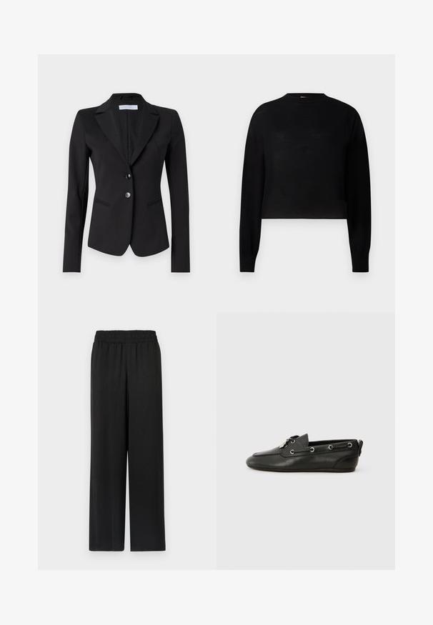 Černý blazer s klopeným límcem, dvěma knoflíkovými zapínáními a dvěma postranními kapsami. Přizpůsobený střih s hladkou látkou a jemným texturovaným podšívem.; Černý, dlouhý rukáv, cropped svetr s kulatým výstřihem. Vyrobený z lehkého materiálu s hladkou texturou a minimálním designem.; Černé kalhoty s širokými nohavicemi a elastickým pasem, vyrobené z hladkého, lehkého materiálu. Mají rovný střih a žádné viditelné vzory.; Černé kožené lodní boty s kulatou špičkou, šněrováním vpředu, kovovými očky a plochou podrážkou. Mají malou poutku vzadu.