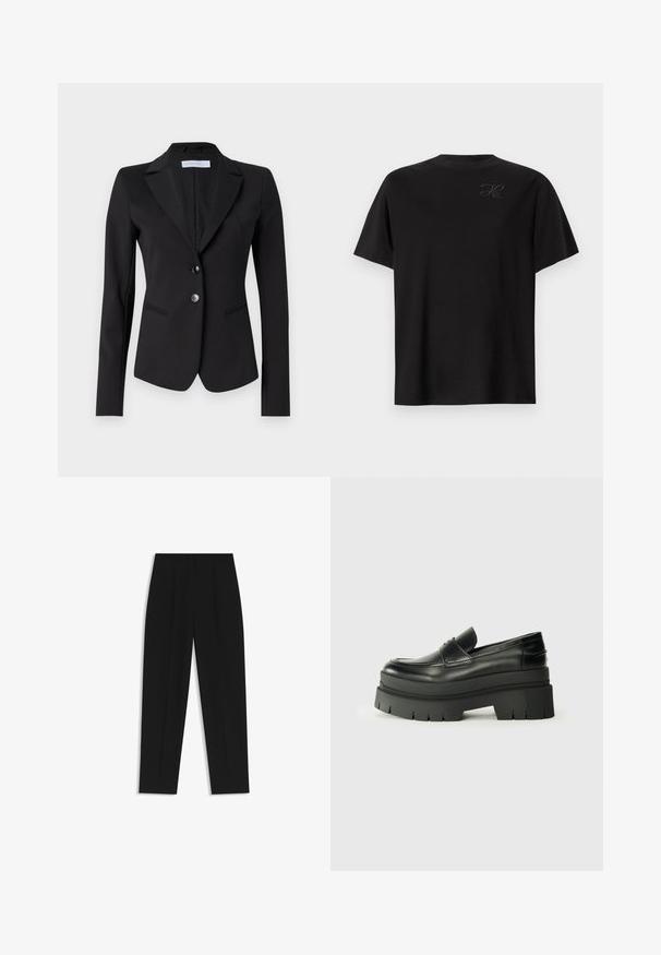 Blazer negro con solapa en pico, cierre delantero de dos botones y dos bolsillos laterales. Corte entallado con una tela suave y forro con textura sutil.; Camiseta de algodón negra, diseño de cuello redondo, manga corta, con un pequeño logo tonal en la parte superior izquierda. Textura suave.; Pantalones negros de corte recto, con doble pinza, textura suave y un diseño de cinturilla clásica. Sin hardware o acentos visibles.; Mocasines de cuero negro con suela de plataforma contundente. Punta redondeada, detalle de costura en la parte delantera y sutiles acentos de costura. Suela plana y texturizada.
