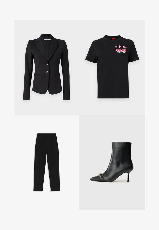 Sort blazer med klapkrave, to-knaps lukning og to sidelommer. Skræddersyet pasform med glat stof og subtilt mønstret foer.; Sort bomulds t-shirt med korte ærmer, der har et pink grafisk motiv af solbriller og teksten "Not Your Girl" på venstre brystområde.; Sorte bukser med lige pasform, der har dobbelte folder, en glat tekstur og et klassisk taljedesign. Ingen synlige hardware eller accenter.; Sort læder ankelstøvle med spidse tæer, slank hæl i mellemhøjde og sølvspænde detaljer på siden mod en ensfarvet baggrund.
