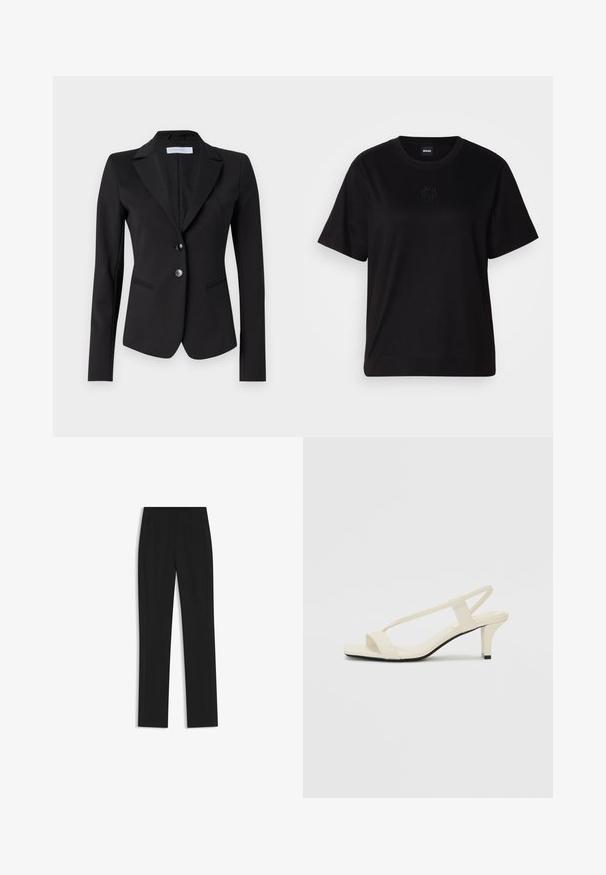 Schwarzer Blazer mit Reverskragen, zweiknöpfiger Vorderseite und zwei Seitentaschen. Taillierte Passform aus glattem Stoff mit subtilem, strukturiertem Futter.; Schwarzes Baumwoll-T-Shirt mit Rundhalsausschnitt, kurzen Ärmeln und aufgesticktem Logo auf der Brust. Einfacher, lässiger Schnitt ohne Muster.; Schwarze maßgeschneiderte Hose mit geradem Bein, ausgestattet mit Fronttaschen und einem glatten, strukturierten Stoff. Saubere, minimale Details.; Beige Blockabsatzsandalen mit dünnen Riemen und quadrater Spitze. Glattes Material mit minimalem Design, entworfen für einfaches Tragen.