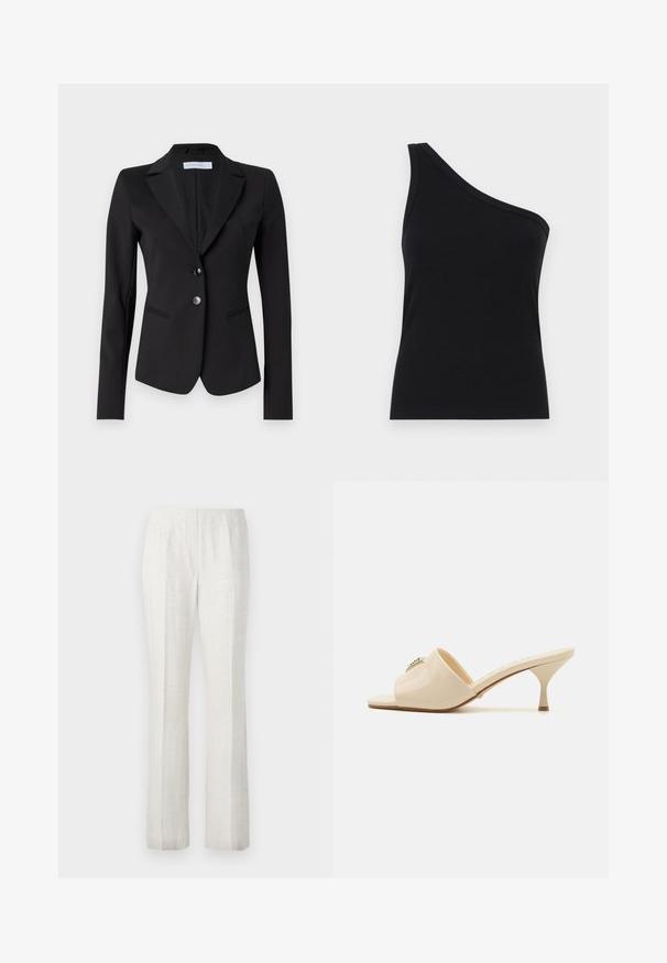 Juodas švarkas su įpjovimu, dviejų mygtukų priekyje ir dviem šoninėmis kišenėmis. Priderintas siluetas, lygus audinys ir subtili tekstūruota pamušalas.; Juosmens juodos spalvos ribotuvas su viena petnešėle, tinkamu dizainu ir minkšta tekstūra. Išskirtinis švarus, minimalistinis kirpimas ir sklandus iškirpimas.; Šviesios spalvos tiesios kojų kelnės su lygiu paviršiumi, turinčios priekinę raukšlę ir tvarkingą juosmens dizainą.; Smėlio spalvos patentuotas odinis atviras mules tipo sandalai su žemu stiletto kulnu. Zentralinis dekoratyvinis akcentas priekyje. Lygi, blizgi apdaila.