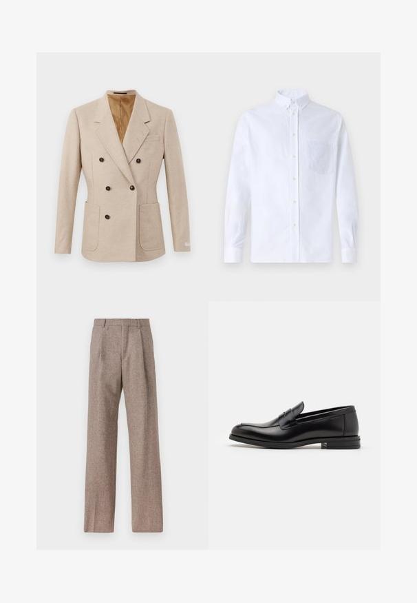 Bež jakna s dvostrukim zapenjanjem iz teksturirane tkanine, ki ima dve sprednji žepi in rjave gumbe, s svetlo rjavo podlogo in klapnicami.; Bela dolgo rukava srajca s kragnico, izdelana iz bombaža, z žepom na prsih in toniranimi vezeninami ter gumbi na manšetah.; Rjave hlače z visokim pasom, izdelane iz teksturirane tkanine. Imajo široke noge in dve sprednji pregibi za strukturo. Urejen zaključek brez vidne strojne opreme.; Črne usnjene loafer čevlje z gladko teksturo, zaobljenim nosom in dekorativnim trakom čez zgornji del. Nizka zložena peta, minimalističen dizajn.
