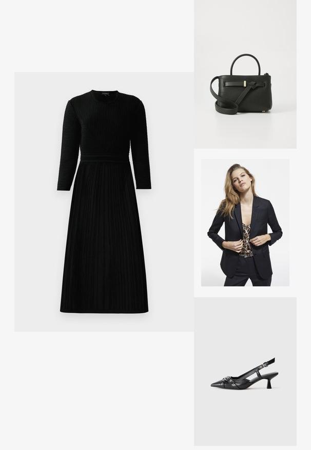 Čierny sako so strihom na mieru, s jednou vreckom, v kombinácii s vrchom s leopardím vzorom. Hladká tkanina a štruktúrovaný dizajn.; Čierne dlhé šaty s textúrovaným ryhovaním, so priliehajúcim korzetom a rozšírenou sukňou. Kola hrdlo a detaily so vertikálnym pruhovým vzorom.; Čierne kožené slingback topánky s špicatou špičkou, ozdobnými popruhmi s kovovými očkami a nízkym blokovým podpätkom. Textúrovaný povrch.; Čierna kožená kabelka s textúrovaným povrchom, hornými uchami a dlhým nastaviteľným popruhom. Vpredu má zlatý kovový doplnok.