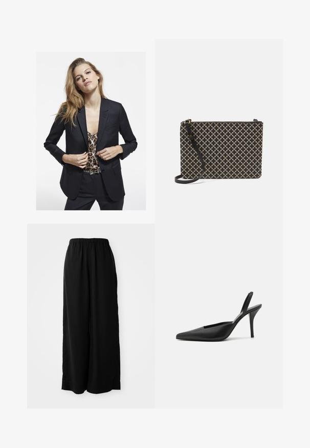 Juodas švarkas su pritaikytu siluetu, vienu kišeniu, derinamas su leopardo rašto palaidine. Lygi medžiaga ir struktūrizuotas dizainas.; Juodas ilgomis rankovėmis bodis iš minkštos, lengvos medžiagos. Sukurtas su apvaliu iškirpimu ir mygtukų užsegimu priekyje, turinčiu šešis baltus mygtukus.; Juodos plačios kelnės, pagamintos iš minkštos medžiagos, su elastine juosta. Turi tiesų kirpimą ir šoninius plyšius papildomam vėdinimui.; Juodos kulninės bateliai su atviru kulnu, smailiu nosiu, pagaminti iš lygaus odos medžiagos ir turintys elegantišką, minimalistinį dizainą. Aukštas stiletto kulnas.; Juoda ir smėlio spalvos raštuota rankinė, turinti stačiakampio formą, su kryžminiu raštu, užtrauktuku ir nuimamu juodu dirželiu.; Juodas odinis rankinukas su tekstūruotu deimanto raštu, auksiniu užtrauktuku ir nuimamu dirželiu. Lygi apdaila ir stačiakampio forma.