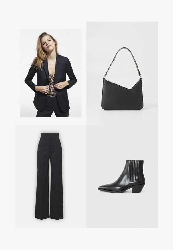Fekete zakó, testre szabott fazonban, egyetlen zsebbel, leopárdmintás toppal párosítva. Simább anyag és struktúrált dizájn.; Tengerészkék, hosszú ujjú ing gombos elülső résszel, hegyes gallérral és testhez álló fazonnal. Simább, könnyű anyagból készült.; Fekete anyagból készült, széles lábú nadrág, magas derékkal, letisztult kivitelben és sima textúrával. Nincs látható hardver vagy minta.; Fekete bőr bokacsizma hegyes orral, elasztikus oldalsó panelekkel, amelyek függőleges bemetszésekkel rendelkeznek, és alacsony blokk sarkú. Sima textúrájú és elegáns dizájn.; Fekete bőr kézitáska háromszögletű formával, vékony pánttal és ezüst színű fém kiegészítőkkel. Cipzáras záródással és dombornyomott logóval rendelkezik elöl.