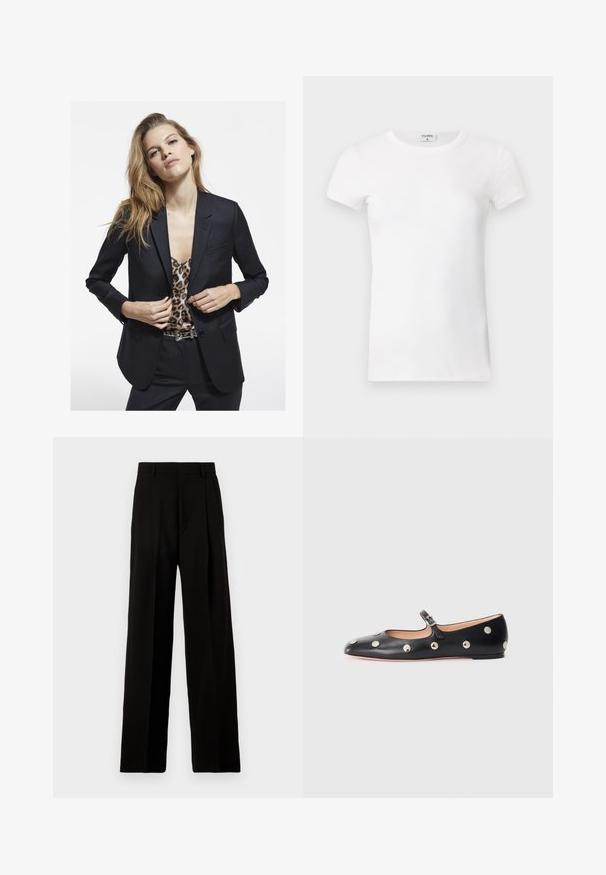 Musta bleiseri, jossa on mukautettu istuvuus, yksi tasku, yhdistetty leopardikuosisen topin kanssa. Sileä kangas ja rakenteellinen muotoilu.; Valkoinen ribattu lyhythihainen T-paita pyöreällä kaula-aukolla. Kangas näyttää sileältä ja istuvalta. Brändilogo näkyvissä kauluksessa.; Mustat leveälahkeiset housut, jotka on valmistettu sileästä kankaasta. Niissä on korkea vyötärö, etupuolella laskokset ja siisti, muunneltu muotoilu ilman koristeita.; Musta nahkainen Mary Jane -tyylinen tasapohjakenkä, jossa on pyöreä varvas. Kenkässä on hopeisia pyöreitä niittejä ja säätöremmi, jossa on solki.