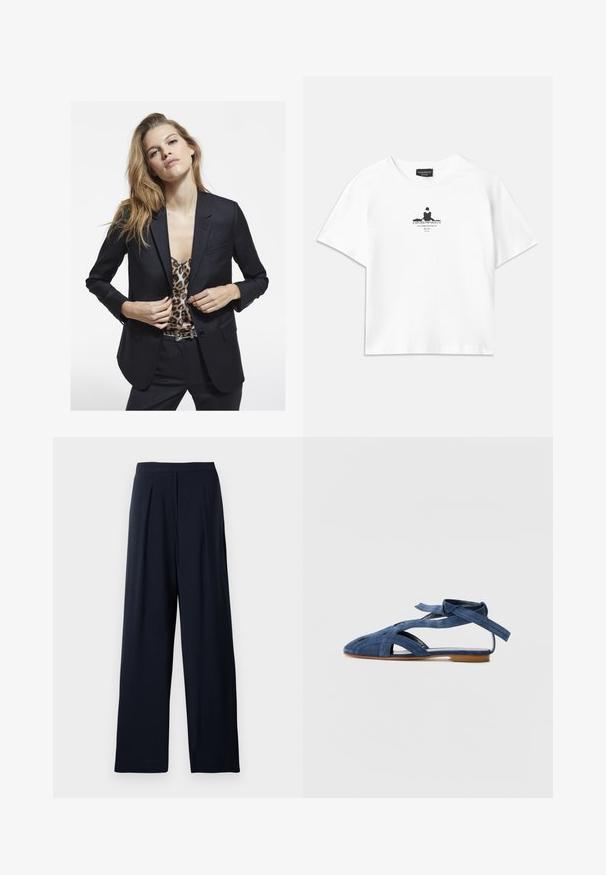 Blazer nero con vestibilità sartoriale, tasca singola, abbinato a un top con stampa leopardata. Tessuto morbido e design strutturato.; T-shirt bianca in cotone con vestibilità ampia, caratterizzata da una stampa grafica nera al centro che include testo e un design in silhouette.; Pantaloni a gamba larga navy con pince, realizzati in un tessuto morbido. Presentano una cintura liscia e un design semplice per un uso versatile.; Emporio Armani Sandali - blue