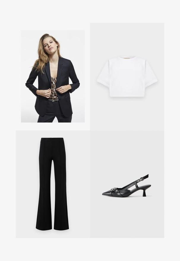 Black blazer with a tailored fit, single pocket, paired with a leopard print top. Smooth fabric and structured design.; Cropped white t-shirt made of soft fabric, featuring short sleeves, a round neckline, and ribbed hem details. Simple and unembellished design.; Black flared pants with a high waist, made of stretchy fabric. Features vertical seam details on the front and a smooth texture.; Black leather slingback shoe with a pointed toe, decorative straps featuring metal eyelets, and a low block heel. Textured surface.