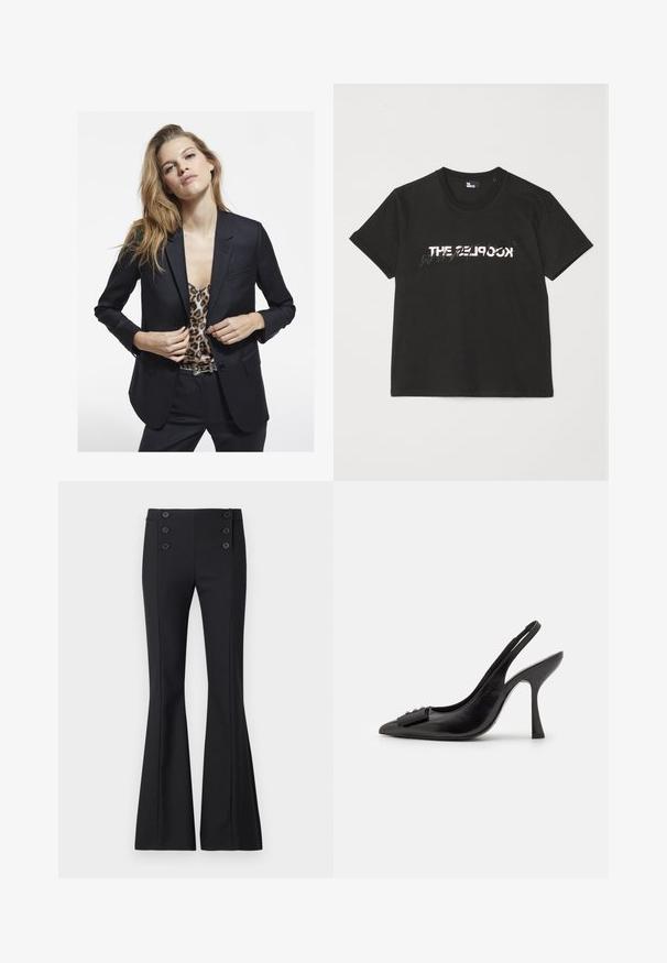 Mustmust koos täiusliku lõikega, ühe taskuga, kombineeritud leopardimustrilise toppiga. Sile kangas ja struktureeritud disain.; Must mustriba t-särk lühikeste varrukatega, mille ees on valge ja hall "THE 2LOOK" disain. Klassikaline ümmargune kaelus.; Mustad flared püksid, mis on valmistatud kootud kangast, kõrge vöökoht, esised seam detailid ja neli dekoratiivset nuppu vööl.; Must musta slingback kingad terava ninaga, kitsas kõrge kontsaga ja dekoratiivse lipsu aktsendiga. Sile tekstuur ja voolav disain.
