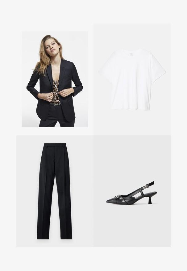 Blazer negro con un corte a medida, bolsillo único, acompañado de una blusa de estampado leopardo. Tejido suave y diseño estructurado.; Camiseta de algodón blanca con mangas cortas, escote redondo, corte relajado y dobladillo cosido. Etiqueta visible en el interior del cuello.; Pantalones negros de tela suave con cintura alta, piernas amplias, pliegues frontales y lazos de cinturón clásicos. No hay bolsillos laterales visibles.; Zapato de slingback negro de piel con punta afilada, correas decorativas con ojales de metal y un tacón bajo y ancho. Superficie texturizada.
