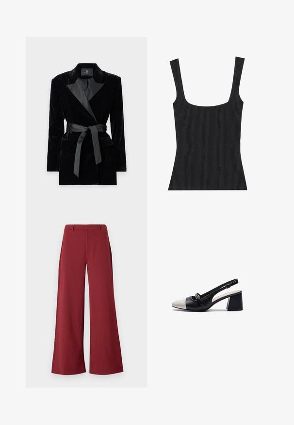 Zwarte fluwelen blazer met satijnen sjaalkraag, lange mouwen, voorzakken en een strikceintuur in de taille. Zachte textuur en verfijnd design.; Zwarte geribbelde tanktop met een vierkante halslijn en slanke, verstelbare bandjes. De stof heeft een gestructureerd patroon en een nauwsluitend ontwerp.; Wijdvallende broek in een diepe bordeauxkleur. Gemaakt van een soepele, rekbare stof met op maat gemaakte naden en een rits aan de voorkant.; Slingback schoen met een zwart leren bovenkant, witte patenten leren neuskap, 6,5 cm blokhak en verstelbare enkelband.
