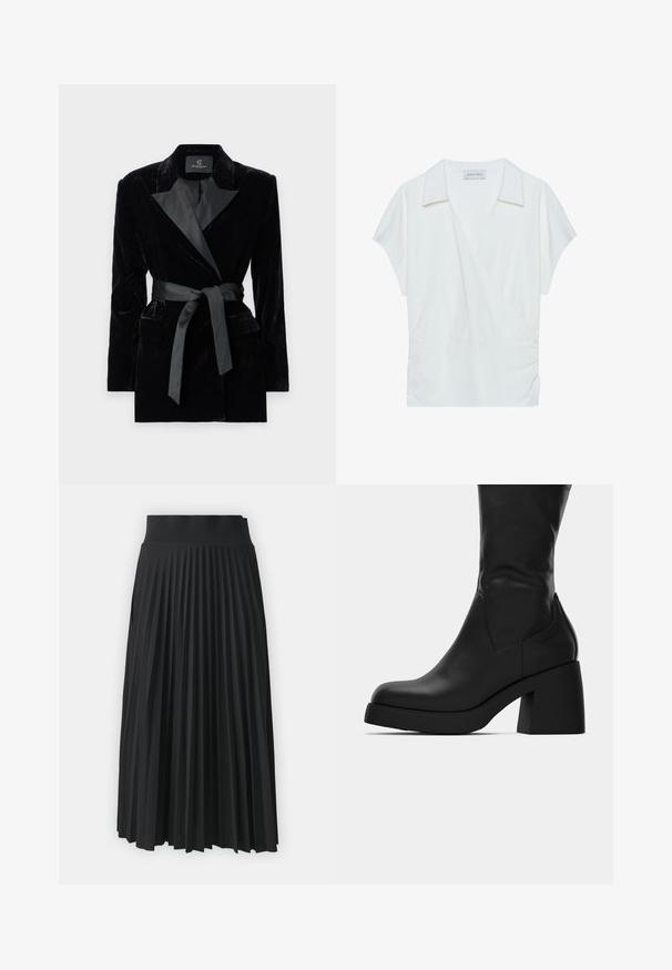 Czarna aksamitna marynarka z satynowym kołnierzem typu szal, długimi rękawami, kieszeniami z przodu i związanym paskiem w talii. Gładka tekstura i dopasowany krój.; Biała bluzka zapinana na kołnierz wykonana z gładkiego materiału, z krótkimi rękawami i marszczeniem w talii, zapewniająca swobodny krój.; Czarna plisowana spódnica z szerokim pasem, z jednolitymi pionowymi fałdami przez całą długość. Gładka faktura i płynny krój.; Czarna skórzana botka do połowy łydki z masywnym słupkiem i okrągłym noskiem, przedstawiona w profilu bocznym na białym tle.