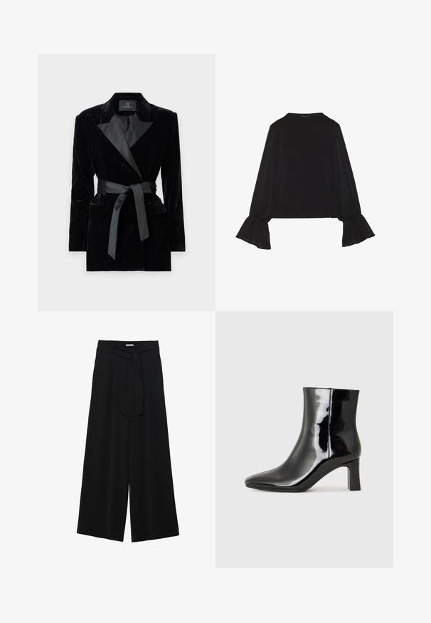 Blazer de terciopelo negro con cuello de chal de satén, mangas largas, bolsillos frontales y un cinturón atado en la cintura. Textura suave y diseño ajustado.; Top negro de manga larga con puños acampanados, textura suave y un ajuste relajado, con un sencillo cuello redondo.; Pantalones de pierna ancha negros con un tejido texturizado, una cinturilla elástica y un lazo desmontable en la cintura para un ajuste ajustable.; Botín de charol negro con punta afilada y un tacón de bloque de altura media. Textura suave y diseño minimalista.