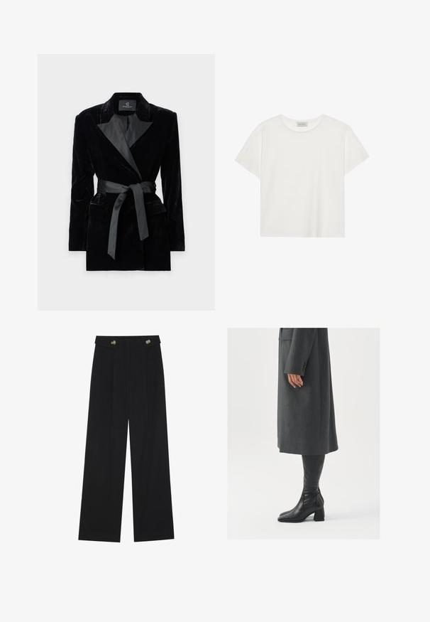 Czarna aksamitna marynarka z satynowym kołnierzem typu szal, długimi rękawami, kieszeniami z przodu i związanym paskiem w talii. Gładka tekstura i dopasowany krój.; Biała koszulka z krótkim rękawem wykonana z miękkiej bawełny. Posiada okrągły dekolt i luźny krój. Czysty design bez widocznych wzorów czy akcentów.; Czarne szerokie spodnie z wysokim stanem, z detalami w postaci guzików na pasku oraz plisami z przodu.; Szary, dopasowany płaszcz o prostym kroju; zestawiony z czarnymi skórzanymi kozakami do kolan z kwadratowym noskiem i grubym obcasem.