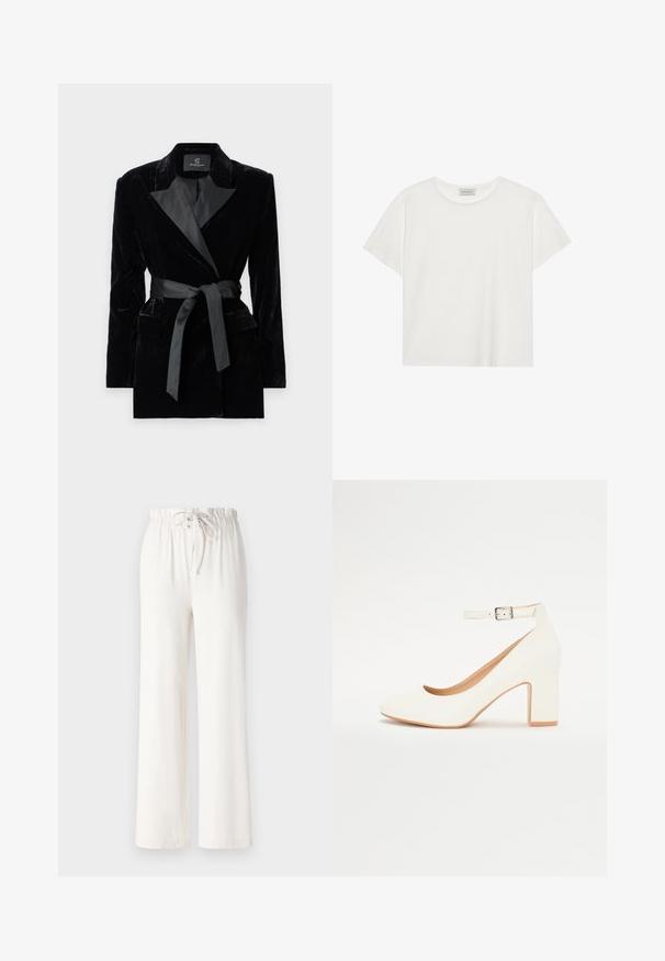 Sacou negru din catifea, cu guler din satin, mâneci lungi, buzunare frontale și o curea legată în talie. Textură fină și design croit.; Tricou alb cu mânecă scurtă, made din bumbac moale. Are un guler rotund și o croială lejeră. Design curat, fără modele sau accente vizibile.; Pantaloni albi cu picioare largi, confecționați dintr-un material moale, având un brâu cu șnur și o textură netedă. Fără modele sau embellishments vizibile.; Pantof de damă alb cu toc înalt, vârful ascuțit, toc pătrat și curea la gleznă. Finisaj neted cu un ușor luciu și căptușeală bej.
