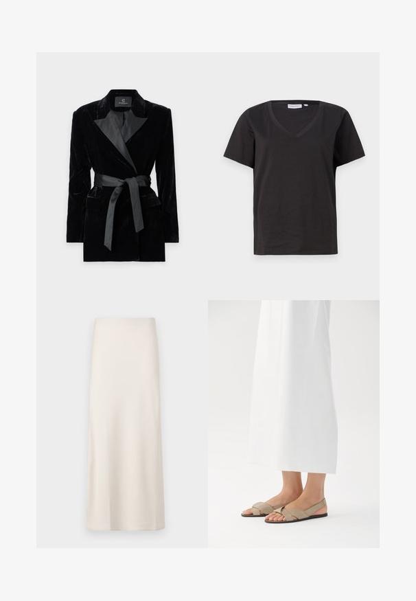 Črn žametni blazer s satenskim ovratnikom, dolgimi rokavi, sprednjimi žepi in zavezanjem v pasu. Gladka tekstura in krojena zasnova.; Črna bombažna majica s kratkimi rokavi in V-izrezom. Preprost dizajn z običajnim krojem in brez vzorcev ali dodatkov.; Svetlo kremna, midi dolžine krila z gladko, satensko teksturo in ravnim krojem. Ni vidnih vzorcev ali okraskov.; Bež usnjeni sandali s križnim trakom in črnim podplatom, z odprtim prstom in slingback stilom. Postavljeni na belo ozadje.
