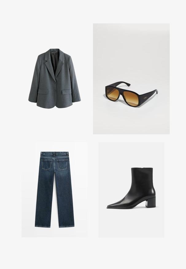 Grå blazer med nålestriber lavet af struktureret stof, med en spids krave, to forlommer og en enkelt knaplukning.; Hvid skjorte med knapper og lodrette lysegrå striber, spredt krave, lange ærmer og en afslappet pasform. Fremstillet af letvægtsstof.; Mørkeblå denimjeans i lige snit med to baglommer og synlig syning langs sømme og kanter.; Sort læder ankelstøvle med spidse tæer, glat tekstur og mellemhøj blokhæl. Minimalistisk design, lynlås lukning bagpå.; Sorte rektangulære solbriller med brune gradientlinser. Lavet af plast, med en glat overflade og et diskret guld logo på stangen.