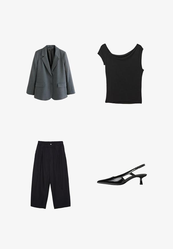 Sivino oblečeno s prugicami, izdelano iz teksturirane tkanine, z notnim ovratnikom, dvema sprednjima žepoma in enojnim gumbom.; Črna kratka majica s kratkimi rokavi iz gladkega blaga; ima drapiran izrez in asimetrično spodnjo rob, s prilegnjenim telesom.; Črne poliesterske culotte hlače z elastičnim pasom, dvema sprednjima nabiranjema in ohlapnim krojem. Brez vidnih vzorcev ali kovinskih detajlov.; Črne patentični usnjeni salonarji s slingback designom, z zašiljenim nosom, izrezanim stranskim dizajnom in majhnim kvadratnim peto. Gladka tekstura z minimalnimi detajli.
