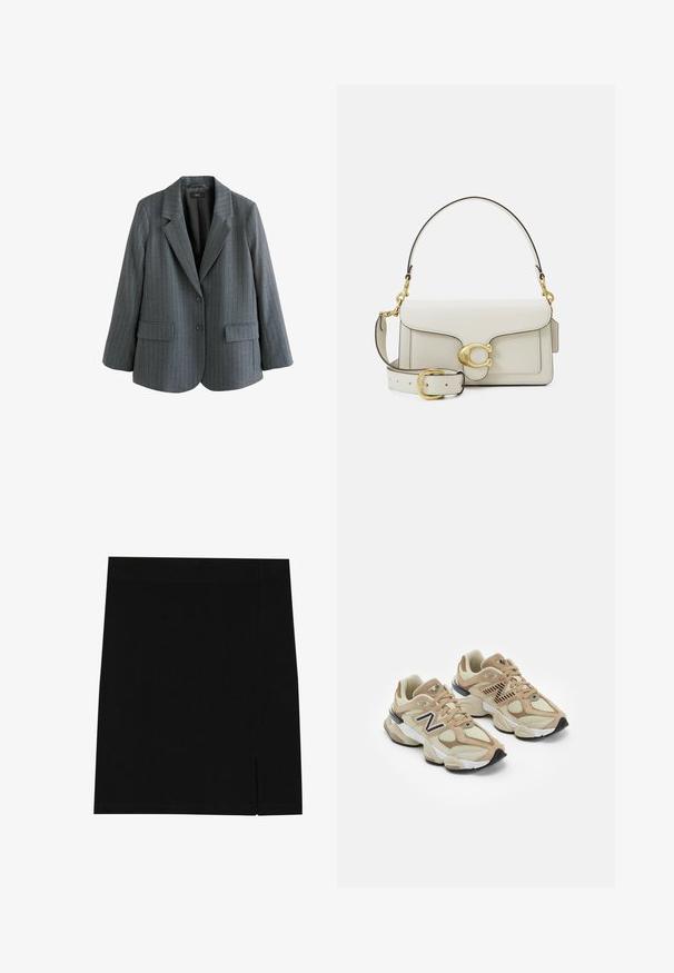 Grau gestreifter Blazer aus strukturiertem Stoff, mit Reverskragen, zwei vorderen Taschen und einer einzelnen Knopfverschluss.; Langärmliges weißes Hemd aus Baumwolle mit durchgehender Knopfleiste, klassischem Kragen und abgerundetem Saum. Es hat einen lässigen Schnitt und keine Muster.; Schwarzer Minirock aus weichem Stoff mit figurbetontem Design, ausgestattet mit einem leichten Schlitz an der Seite für zusätzlichen Details.; Beige Sneaker aus Mesh- und Wildledermaterialien. Mit einem schwarzen Logo und strukturierten Akzenten. Dicke weiße Zwischensohle und schwarze Gummisohle.; Weiße Lederhandtasche mit goldfarbenen Beschlägen, ausgestattet mit einer Klappenverschluss und einem abnehmbaren, verstellbaren Riemen. Runde Metallakzente in der Mitte.