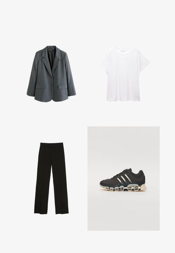 Sivi prugasti sako od teksturirane tkanine, s reverom, dva prednja džepa i zatvaranjem na jedan gumb.; Bijela majica od mekane, lagane tkanine. Ima okrugli izrez i kratke, široke rukave s ležernim krojem. Bez vidljivih uzoraka.; Crne široke hlače izrađene od glatkog materijala, s uskim pojasom i suptilnim prednjim naborima za dodatnu teksturu.; Crne atletske tenisice s teksturiranim gornjim dijelom, tri srebrne pruge i posebnim potplatom s višestrukim integriranim sekcijama.