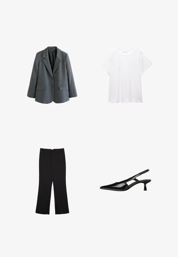 Sivý blazer s prúžkami vyrobený z textúrovaného materiálu, s výstrihom do "V", dvoma prednými vreckami a uzatváraním na jeden gombík.; Biele tričko vyrobené z mäkkého, ľahkého materiálu. Má okrúhly výstrih a krátke, široké rukávy s uvoľneným strihom. Bez viditeľných vzorov.; Čierne nohavice so strihom rovného strihu, s prednými vreckami a bočnými rozparkami na leme. Vyrobené z mäkkej, hladkej tkaniny. Vhodné na rôzne príležitosti.; Čierne lakované kožené lodičky na podpätku s špicatou špičkou, výrezovým dizajnom na boku a malým štvorcovým podpätkom. Hladký povrch s minimálnymi akcentmi.