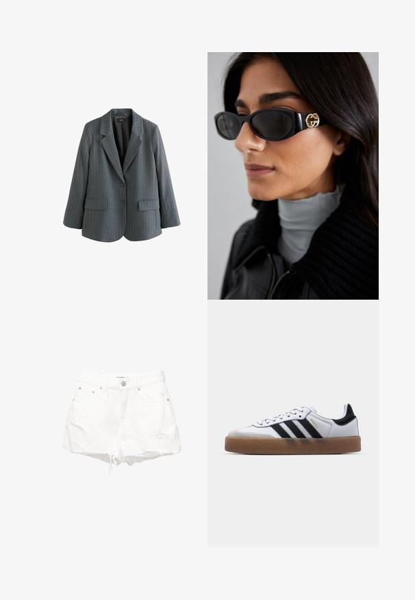 Grau gestreifter Blazer aus strukturiertem Stoff, mit Reverskragen, zwei vorderen Taschen und einer einzelnen Knopfverschluss.; Weißer gerippter Stoff mit einer weichen Textur, der vertikale Linien und eine glatte Oberfläche aufweist. Geeignet für verschiedene Bekleidungsanwendungen.; Weiße Denim-Shorts mit einem modischen Used-Look, fransigem Saum und fünf Taschen. Enthält Metallknopf und Nietenakzente.; Weiße Leder Sneakers mit schwarzen Streifen, Gummigummi-Außensohle, runder Zehenform, Schnürverschluss und weichem grauem Wildleder-Zehenkappe.; Schwarze Sonnenbrille mit einem schlanken rechteckigen Rahmen und einem goldenen Logo-Akzent an der Seite. Dunkle Gläser und glänzende Oberfläche sind auffällig.; Weiße Lederhandtasche mit einem goldfarbenen Verschluss, schwarzen Akzenten, einem abnehmbaren Schulterriemen und einem strukturierten Design mit Klappenverschluss.